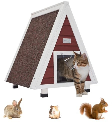 Petsfit Katzenhaus Outdoor Winterfest mit Fluchttür Katzenhaus Outdoor Holz mit erhöhtem Design Katzenhöhle für Draussen Katzenhütte Wetterfest aus Spießtannenholz, Rot