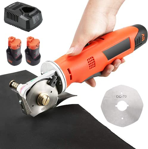 MXBAOHENG Elektrischer Stoffschneider 12V Elektrische Stoffschere Schnurloser Rundschneider Maximale Schnittdicke 25 mm zum Schneiden von Stoff Teppich Leder (2 AKKU & 2 * 70 mm Klinge, Orange)