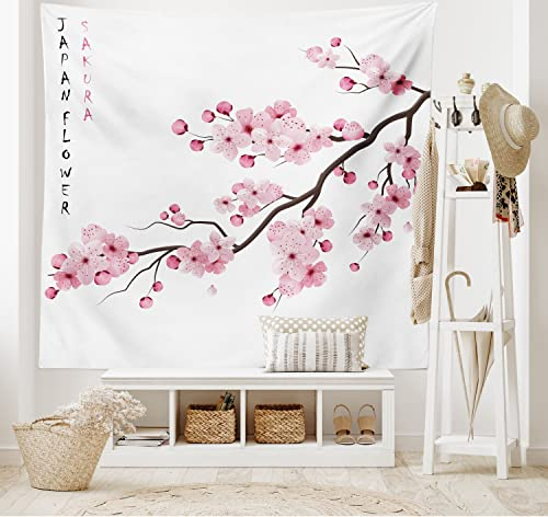 ABAKUHAUS Asiatique Tapisserie, Cherry Branch Japonaise, Couleurs claires sans décoloration, 150 x 110 cm, Rose Blanc