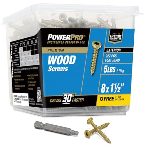 Power Pro Premium Exterior Wood Screws, #8 x 1-1/2Inch All-Purpose Deck Screws for Outdoor Projects, T-25 Star Bit Included, Bronze, 927 Pieces | 48606V4