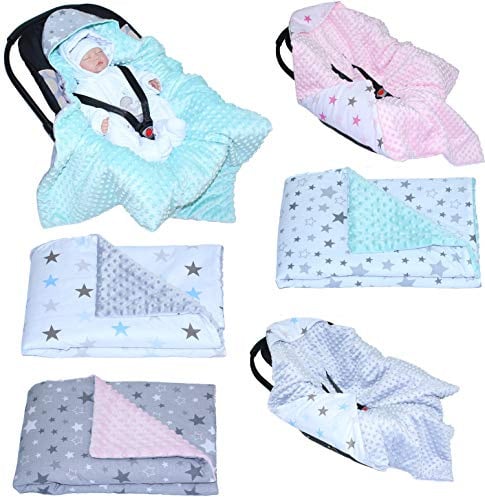 Baby Einschlagdecke MINKY - STAR - mit Kapuze 90x90 cm Babyschale Decke (Star DUNKEL + MINZE)