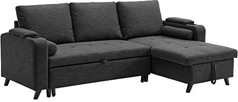 VASAGLE Schlafsofa, Schlafcouch, Bettsofa mit Stauraum, Polstermöbel, Bezug aus Baumwoll-Leinen-Mischgewebe, Becherhalter, modern, Gästezimmer, grau LCS801G01