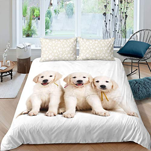 Kinder Bettwäsche Hund Bettwäsche Set 135x200cm für Mädchen Jugendliche Welpen Hunde Pfoten Motiv Bettwäsche Hunde Schön Süß Tiere Thema Bettbezug Set Weiß Beige Pfotenabdruck Bettwäscheset Hund