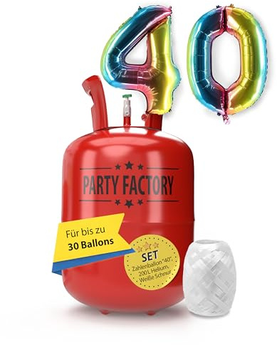 Party Factory – Helium Gasflasche 200L im Set mit XXL Zahlenballon 40 Regenbogen – Partydeko Ballongas Flasche mit Folienballon & 40 m weißer Ballonschnur – Einwegflaschen mit Knick-Füllventil