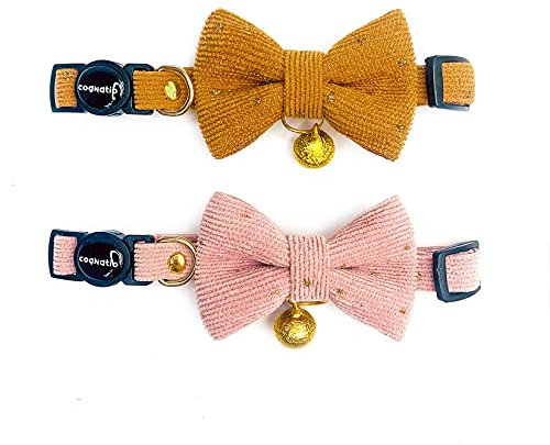 Cognatio Katzenhalsbänder mit Schnellentriegelung, weiches Katzenhalsband mit Abnehmbarer Fliege und Glöckchen, 2 Stück, verstellbar 20-30 cm (Ocker+Rosa)