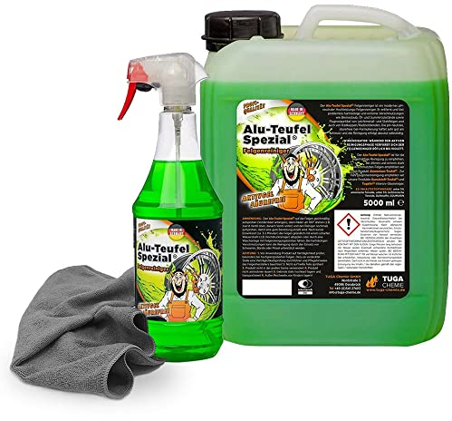 detailzone Felgenreiniger Set: 1x TUGA Alu Teufel Spezial grün 5 Liter + 1 Liter + 1x Microfasertuch 40x40 cm grau
