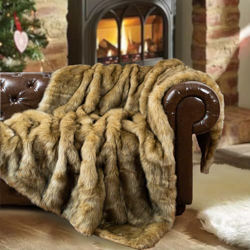 BATTILO HOME Faux Fur Throw Blanket Large Ochre 150x200cm Luxury Fuzzy Warm Cozy Fluffy Fur Blanket for Bed, Sofa, Couch Home Decor