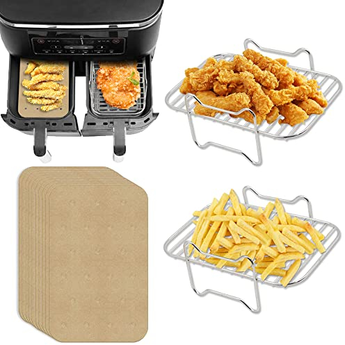 2pcs Air Fryer Rack Set with 100pcs Parchment Paper Compatible with Ninja Foodi Air Fryer DZ201, DZ401, 304 Stainless Steel Toast Dehydrator Racks Paper Liners for Double Basket