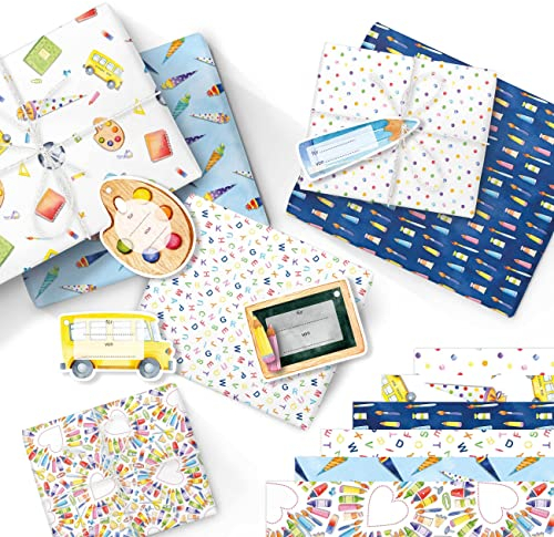 Papierdrachen 6 Bögen Geschenkpapier zur Einschulung | 60x40cm bedruckt - 6 verschiedene Designs hochwertig auf 100g/m² Papier - Blau - Geschenkverpackung zum Schulstart - Set 2