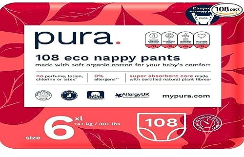 Pura Öko Baby Windelhöschen für Kleinkinder, Größe 6 (14+ kg), 6 x 18 (108 Windeln), Monatsbox, Leicht Anzuziehen, Trainingswindeln, mit EU Ecolabel Zertifiziert, Ohne Duftstoffe