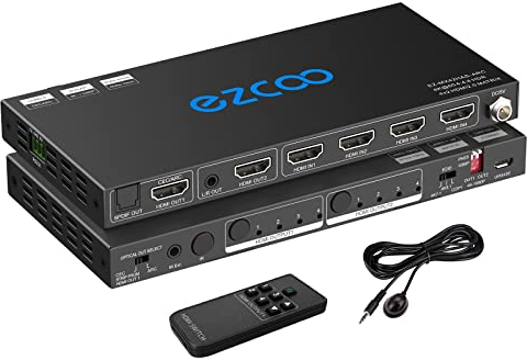 HDMI Matrix 4 in 2 Out 4K 60Hz 4:4:4 ARC HDR D-olby Vision Atmos SPDIF 5.1CH Breakout 3.5mm Stereo HDCP2.2- PC Console 16 EDID HDMI Scaler 4K 1080P Sync, HDCP2.2 HDMI2.0 Matrix 4x2 IR Remote