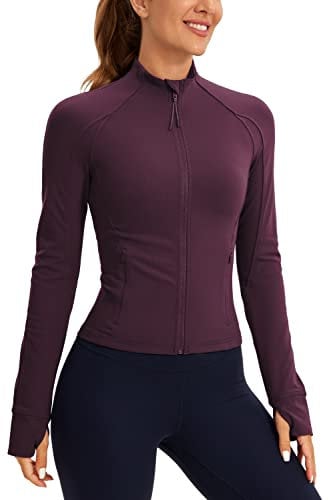 CRZ YOGA Damen Butterluxe Full Zipper Sport Jacke Zip Tasche Crop Running Laufjacke Gym Langarmshirt Sweatjacke mit Daumenloch Dunkellila 38