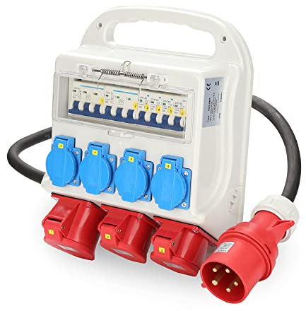 Gimisgu Stromverteiler Baustromverteiler 2 x CEE 16A 400V+1 x CEE 32A 400V+4 x 230V 5 Polig FI-Schutzschalter IP44 Schutzkontaktsteckdosen Wandverteiler Mit Leitung Für Baustelle
