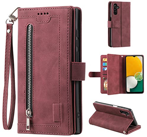 EYZUTAK Coque pour Samsung Galaxy A34 5G, Etui à Rabat en Cuir Fermeture à Glissière Magnétique Portefeuille avec 9 Emplacements pour Cartes Fonction Stand Etui en Cuir Mat Rétro-Rouge foncé