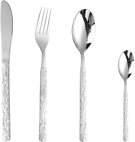 CAOPAOTI Cubiertos acero inoxidable de 24 piezas, Juego de cubiertos para 6 personas, Cuberteria con cuchillo, tenedor, cuchara, Patrón de piedra único