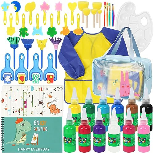UHAPEER Peinture au Doigt pour Enfants, 77 Pièces Non Toxique kit de Peinture pour Enfants avec peintures acryliques, pinceaux, éponges, Tablier, Palette de Peinture et Sac de Voyage