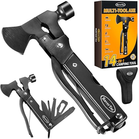 RoverTac 14-in-1 Multitool Camping Axe – Multi Tool with Knife, Hammer, Saw, Screwdrivers, Bottle Opener – Camping Tool with Sheath – Tool Gifts for Men, Dad, Husband, and Outdoor Enthusiasts.
