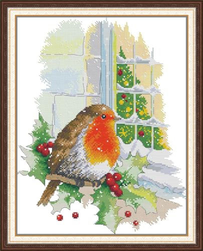 ABEUTY Cross Stitch Kits Christmas Redbird for Adults Pre Printed or NOT, DIY 14 Count Embroidery Sewing Starter Kit Stamped or Unstamped DMC Needlework Easy Beginners (Stamped)