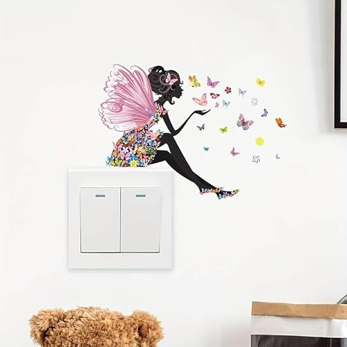 2Pcs Fairy Butterfly Flowers Girl Kids Children Sitting on Top Light Switch Surround Decorative Vinyl Wall Sticker Decal Bedroom (15x11)
