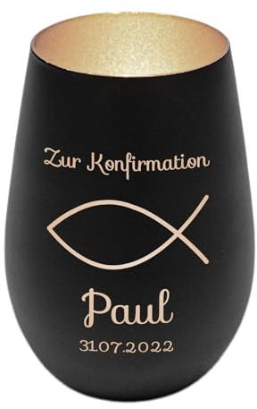 Windlicht mit Gravur zur Konfirmation | Schwarz/Silber | Motiv Fisch | Geschenk zur Konfirmation Junge Mädchen | Tischdeko und Konfirmationsgeschenk personalisiert | Teelichtglas