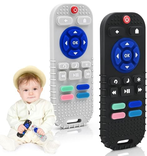 Zahnen Beißringe Spielzeug für Babys 0-6-18 Monate Geschenke, Fernbedienung Baby Zahnungshilfe für 3 6 9 12 Monate Kleinkind Autismus, Lebensmittelqualität Silikon Badespielzeug, Schwarz & Grau