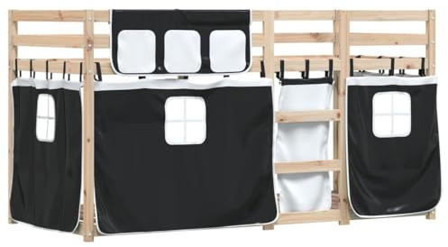 vidaXL Etagenbett, Kinderbett mit Vorhängen Leiter, Hochbett Spielbett für Kinder ab 6 Jahren, Doppel Stockbett Bett, Weiß Schwarz 75x190cm Massivholz Kiefer