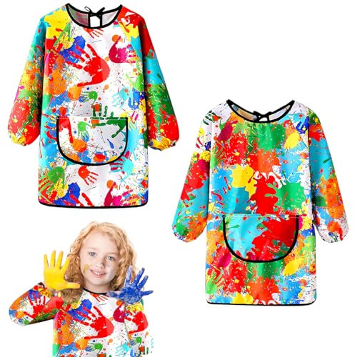WOKICOR 2 Stück Malschürze Kinder Malerkittel für 7-11 Jahre Mädchen Junge Malkittel Schule für Kunst Malerei Basteln Malen Wasserdicht Tuschkitte und Big Taschen Malkittel Schule für Malerei Bastel