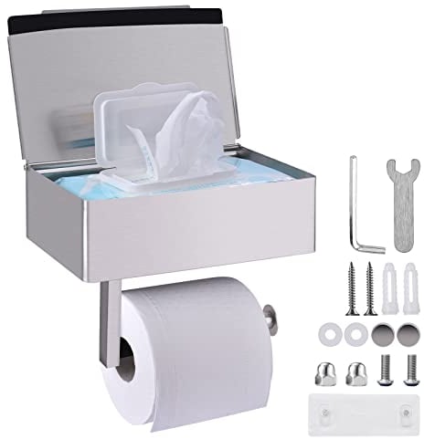 VISOOM Toilettenpapierhalter Ohne Bohren mit FDEchttücher Box, Klopapierhalter mit FDEchttücher Halter WC Papier Halterung mit Aufbewahrung Toilet Paper Holder Edelstahl für Toilette WC (Silber)