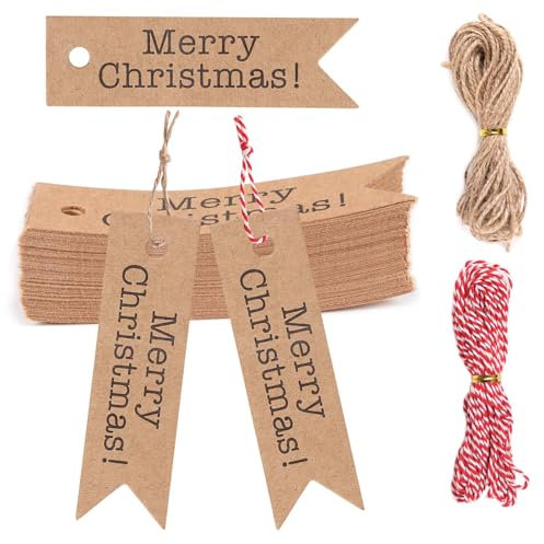 DERAYEE 100 Stück Geschenk Anhänger,2x7cm Geschenkanhänger Weihnachten Papieranhänger Tags,Schilder Anhänger mit zwei Schnüren für Weihnachtsdekoration