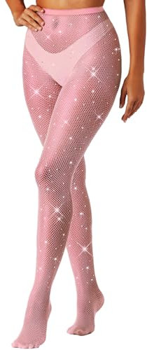 MESU Medias de red de cintura alta con diamantes de imitación brillantes para mujer, rosa, Altoa única