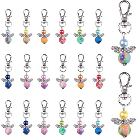 YunBey 20 Pièces Porte-clés Ange Gardien Lot Porte Clé Merci Pendentif Ange en Perles Enfant Cadeau Invité pour Baptême Mariage Anniversaire Communion
