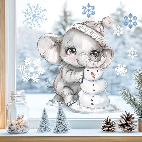 Fensterbild Fensteraufkleber Elefant Winter Fensterdeko | Fensterdeko Glasdeko für Fenster Glasflächen Kinderzimmer Wohnzimmer Küche Bad statisch haftend wiederverwendbar Saison Deko