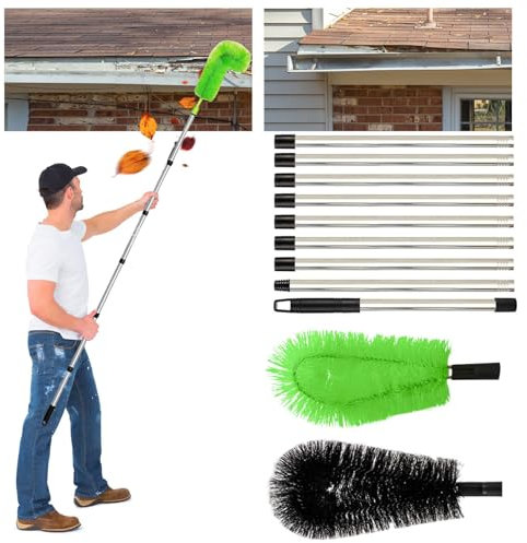 WingFly Telescopic Gutter Cleaning Tools, 12.9Ft 9 Pole Extendable Roof Gutter Cleaning Brush, 392CM Roof Gutter Cleaner Equipment with 2 Brish Head for Leaves Debris Window Spider Web
