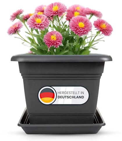 SUSTANIA Juego de 1 maceta grande con platillo de 28 x 28 cm, rectangular, 16 litros, para exterior, para tomates, macetero, macetero, macetero, fabricado en Alemania, color antracita