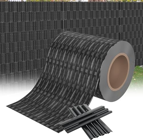 XMTECH PVC Sichtschutzfolie Sichtschutzstreifen Inkl. Befestigungsclips, Garten Sichtschutz Zaun Doppelstabmattenzaun, 450g/m² Blickdicht Sichtschutz Streifen - 70m x 19cm, Rattan-Anthrazit