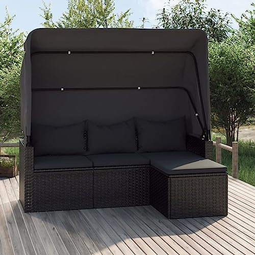 Emmtore 3-Sitzer-Gartensofa mit Dach und Fußhocker Sofa Couch Rattanmöbel Gartenmöbel Sitzgruppen Garten Terrasse Balkon Schwarz Poly Rattan