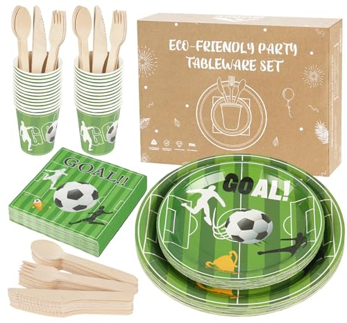 Anstore 200 Pcs Goal Football Theme Plates and Cutlery Set, 25 Guests Party Tableware, Reusable Durable Tableware Including Napkins, Knives, Spoons, Paper Cups & Convenient Plates for Party Birthday