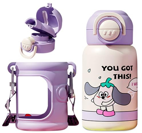 Stainless Steel Water Bottle Kids Insulated Tumbler 550ml Water Bottle Cute Thermos Mugs Reusable Stainless Steel Insulated Bottle for Adults & Kids- Travel Gym School-Purple