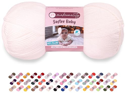 Makromecity Softee Baby Garn, 100% Anti-Pilling Acryl, 100 g, 250 m, weiches Premium Garn zum Häkeln und Stricken, Baby-Strickjacken, Decken, Mützen und Babyschuhe (Schneeweiße, 1 Strang)