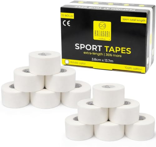 KALAHARI 12 x Tape Vendaje deportivo extra largo (Total 164m), Cinta adhesiva para dedos Voleibol, Fútbol, Escalada, Esparadrapo Deportivo, Sport Tape, No elástico, 100% algodón, Blanco, 3,8cm x 13,7m