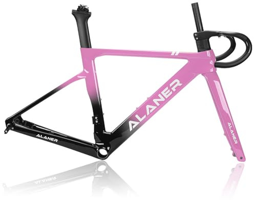 DHNCBGFZ 700C Rennrad-Rahmenset 47CM 51CM 54CM 56CM 58CM Carbonfaser-Windbreaker-Rahmen Scheibenbremsrahmen Steckachse 12x100mm/12x142mm Interne Führung Mit Gabel(Pink,58CM)