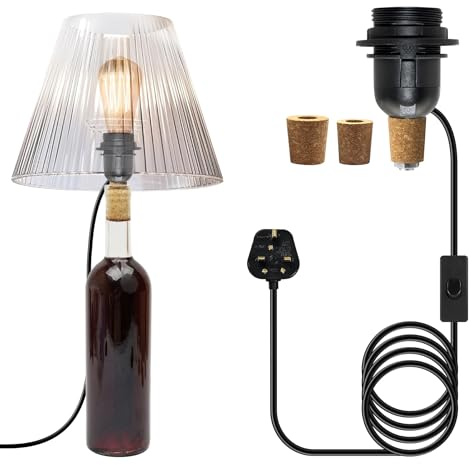 ZRLXFM DIY Lamp Holder for Bottles, Black Table Light with Switch and 240cm Cable, E27 Bottle Lamp Kit for Liquor Bottles, 3 Sizes of Adjustable Stoppers (Bulb Not Included)