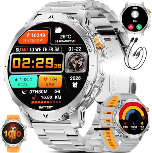 SUNKTA Smartwatch Herren Militär 1000 mAh großer Akku 1,7″ HD Bluetooth Anrufe Smartwatch für iOS Android Fitnessuhr,Herzfrequenz/Schlafmonitor/Schrittzähler,3 Armbänder,2 Ladegeräte,Silber Sportuhr