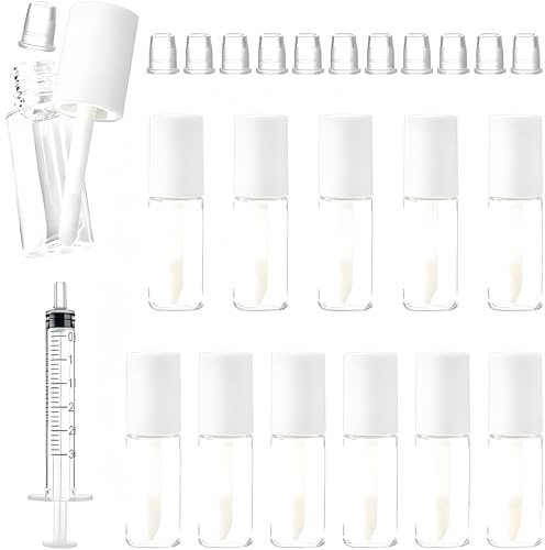 EVTHUR 12 Pcs Empty Lip Gloss Tubes, 3ml Round Lipgloss Tubes, Refillable Lip Gloss Containers, Makeup Containers Bottles, with 3ml Syringes, for Women (White)
