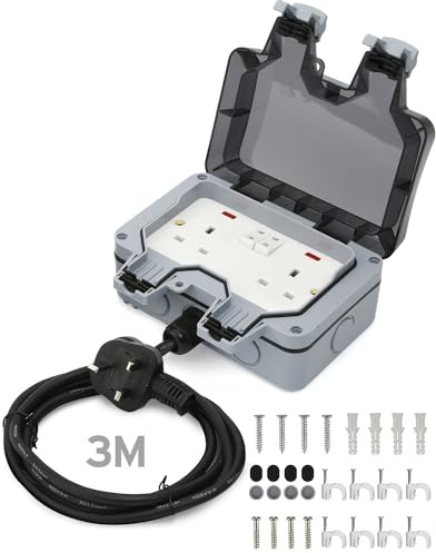 Outdoor Socket With 3m Extension Lead - IP66 Waterproof Double Socket With Switch Indicator Light - 13Amp Weatherproof Wall Electrical Outlet Box for Garden, Garage, Yard