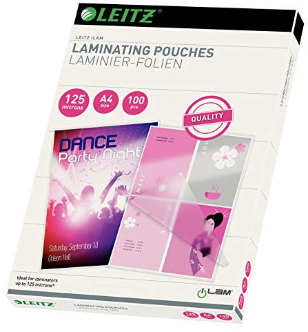 Leitz Heißlaminierfolien A4 125 mic, Hochwertige Laminierfolien im 25er Pack, mit abgerundeten Ecken, transparent, glänzend, für den Einsatz zu Hause oder im Büro, 33835