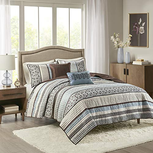 Madison Park Quilt Set Luxurious Jacquard Stripes Design - All Season, Coverlet Bedspread Lightweight Bedding Layer, Shams, Decorative Pillow, Full/Queen(90x90), Floral Blue 5 Piece