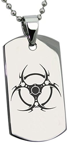 Tioneer Stainless Steel Tribal Barbed Wire Biohazard Symbol Engraved Dog Tag Pendant Necklace