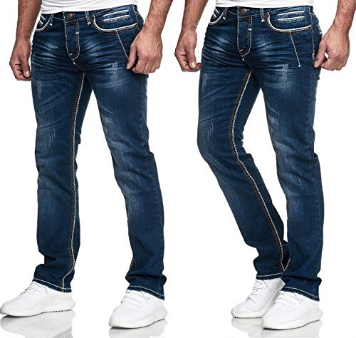 iProfash Dicke Naht Herren Jeans Hose Washed Straight Cut Regular Stretch GRAU BLAU W29-W38