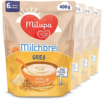 Milupa Milchbrei Grieß – Babybrei ohne Palmöl – Frei von Konservierungs- und Farbstoffen – Ab dem 6. Monat – 4 x 400 g